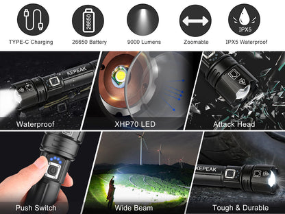 KEPEAK 9000 Lumen Rechargeable LED Tactical Flashlight, XHP70, Zoom and Waterproof, Suitable for Camping and Emergency.