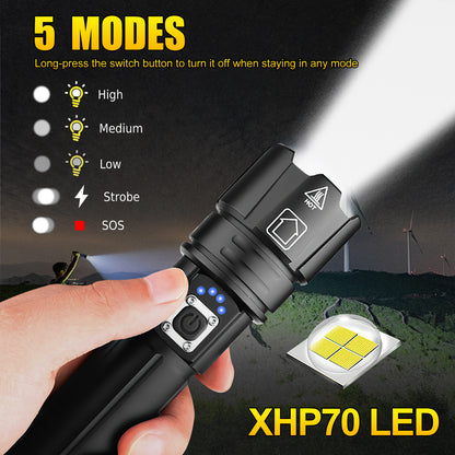 KEPEAK 9000 Lumen Rechargeable LED Tactical Flashlight, XHP70, Zoom and Waterproof, Suitable for Camping and Emergency.