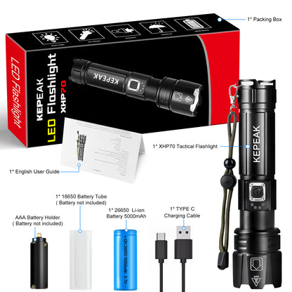 KEPEAK 9000 Lumen Rechargeable LED Tactical Flashlight, XHP70, Zoom and Waterproof, Suitable for Camping and Emergency.