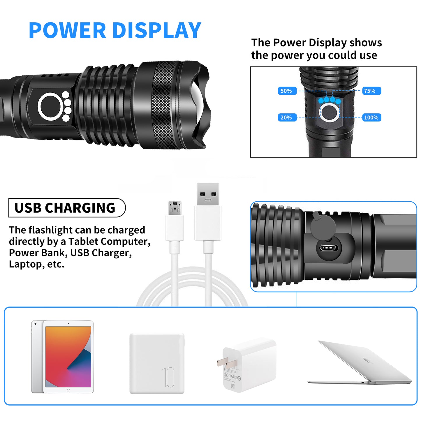 KEPEAK LED Flashlight USB Rechargeable, High Lumens Tactical Flashlights 5000, Zoomable, 5 Modes, Waterproof, with Cable for Camping, Hiking, Outdoor, Emergency
