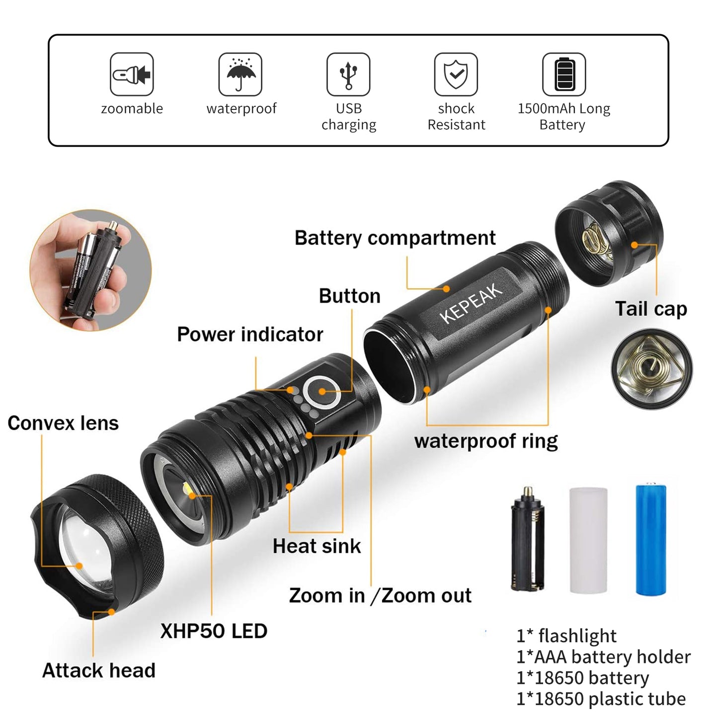 KEPEAK LED Flashlight USB Rechargeable, High Lumens Tactical Flashlights 5000, Zoomable, 5 Modes, Waterproof, with Cable for Camping, Hiking, Outdoor, Emergency