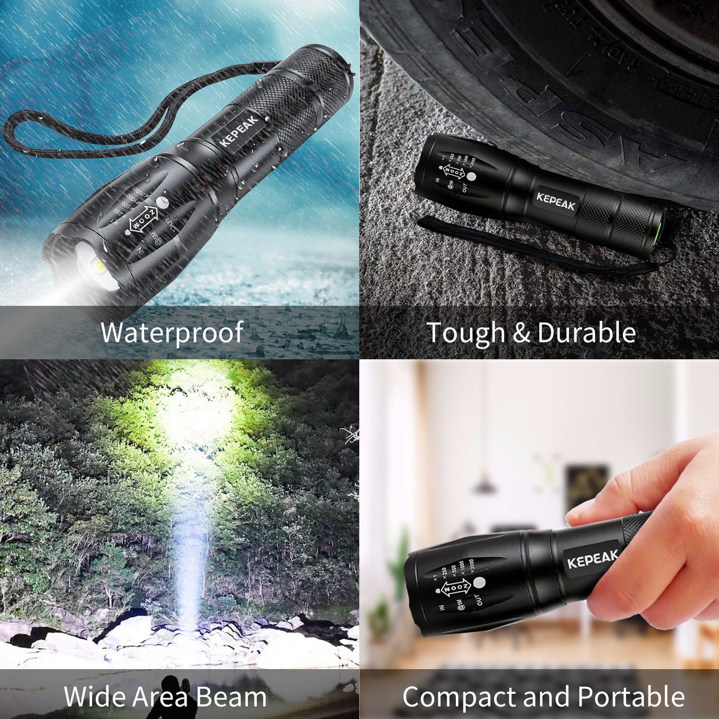 KEPEAK LED Flashlight, 5 Modes Tactical Flashlight, IPX5 Water Resistant, High Lumen, Zoomable Flashlight for Camping, Outdoor, Hiking, Emergency