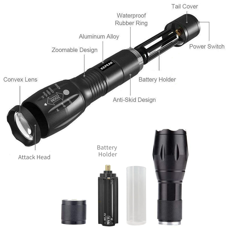 KEPEAK LED Flashlight, 5 Modes Tactical Flashlight, IPX5 Water Resistant, High Lumen, Zoomable Flashlight for Camping, Outdoor, Hiking, Emergency